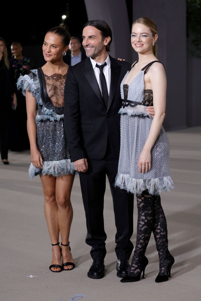 alicia vikander, nicolas ghesquiere and emma stone at the academy museum gala