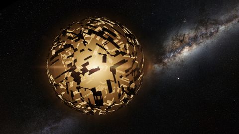alien mega structure, dyson sphere around a distant star in front of the milky way