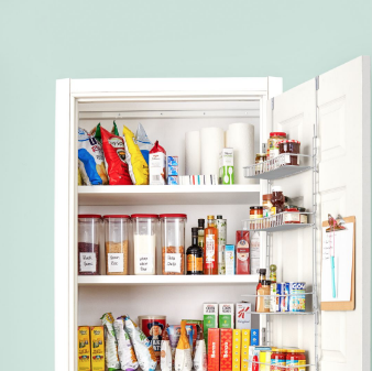 pantry organization ideas, wire racks on the opened white pantry door with food inside