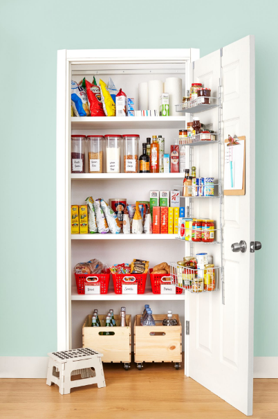 pantry organization ideas, wire racks on the opened white pantry door with food inside