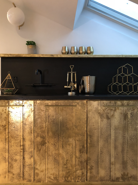 wet bar with brass fronts