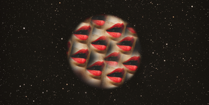 a mouth with red lipstick is collaged in repeated layers over a full moon