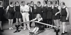 united kingdom   march 29  women in a gymnasium, imperial chemical industries ltd, 29 april 1931 using a rowing machine photograph by harold tomlin  photo by daily herald archivessplgetty images