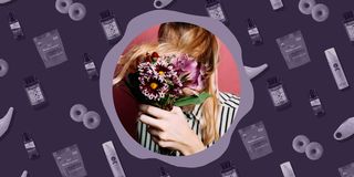 woman with hair and flowers in front of face with allergy relief products