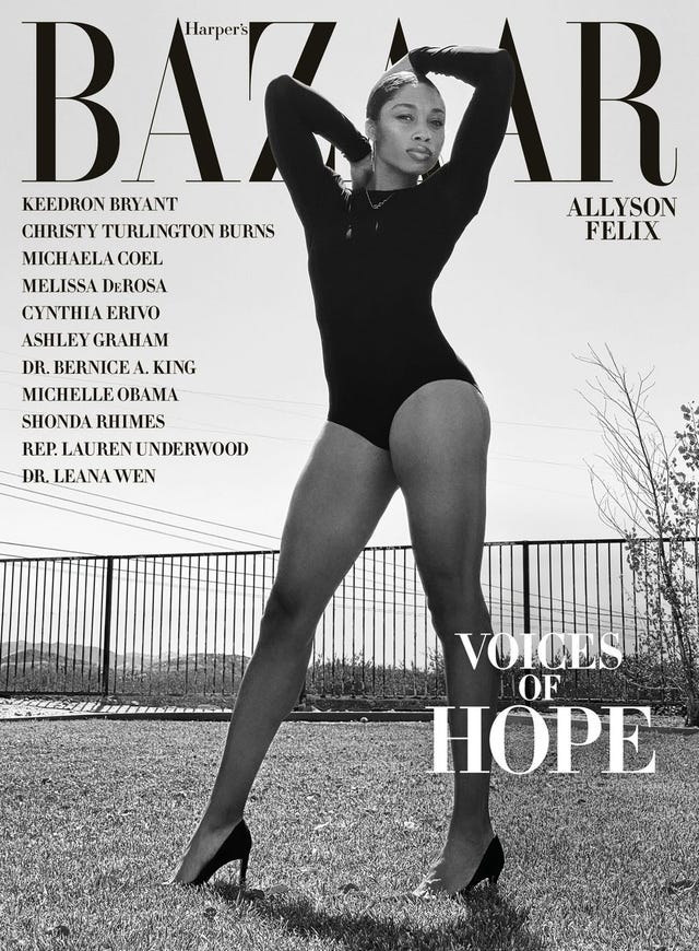 la atleta allyson felix posa para la portada de la revista de moda de estados unidos harper's bazaar