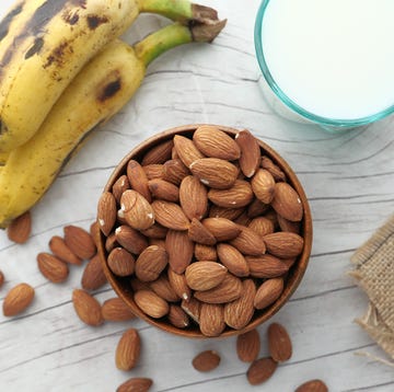 almond, milk and banana for breakfast, top view