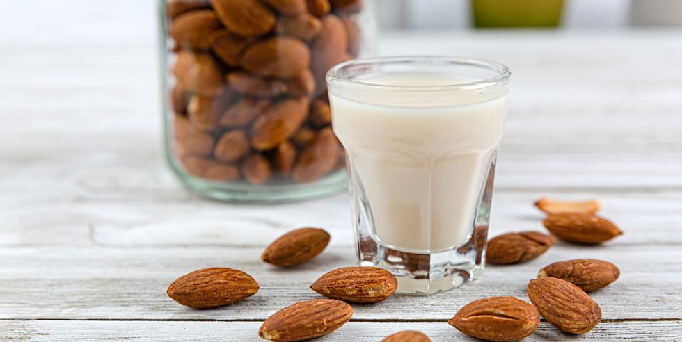 almonds in a jar, a glass of almond milk