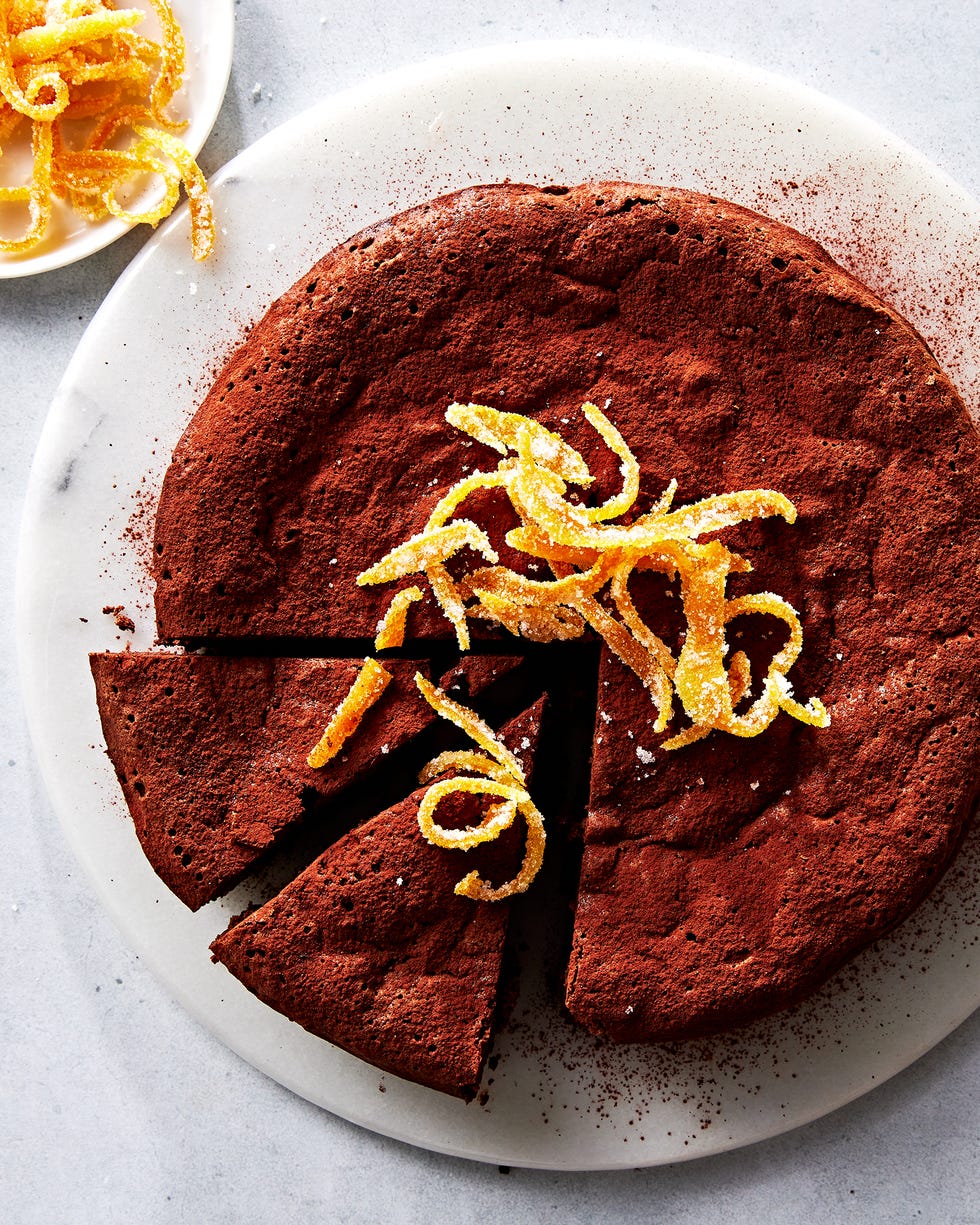 almost flourless chocolate orange cake with candied orange peel