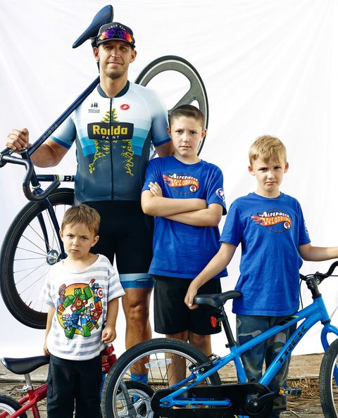 Damon Dinick and his sons at the Alpenrose Velodrome in August 2019 in Portland, Oregon.