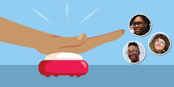 hand pressing a red button activating facial recognition features