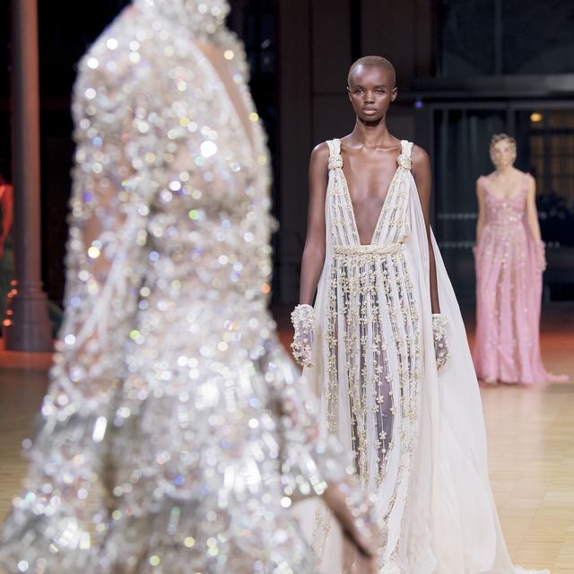 paris, france   january 26 editorial use only   for non editorial use please seek approval from fashion house models walk the runway during the elie saab haute couture springsummer 2022 show as part of paris fashion week on january 26, 2022 in paris, france photo by kristy sparowgetty images