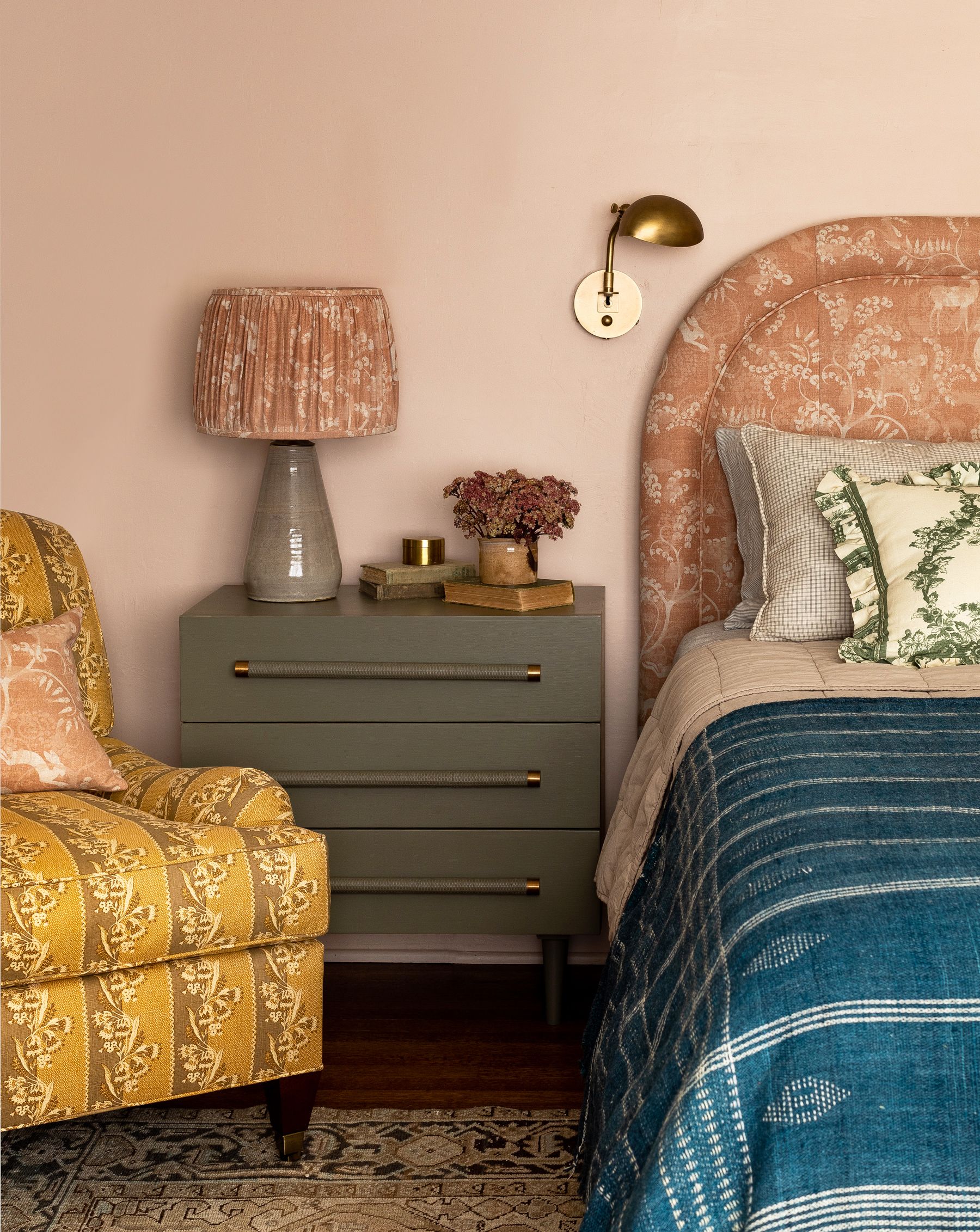 Alternative Bedside Table Ideas Heidi Caillier Design Seattle Interior Designer Pink Walls Master Bedroom Yellow Printed Chair Blue Blanket Bed British Layered Print Mixing 1572284573 