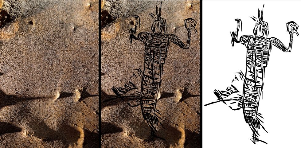 De menselijke gedaante in regalia zoals deze op een foto is te zien links overlapt met de afbeelding midden en de afbeelding zelf Hoewel de figuur meer dan twee meter lang is kan hij niet in zijn geheel worden gezien zelfs niet als je plat op de vloer van de grot ligt