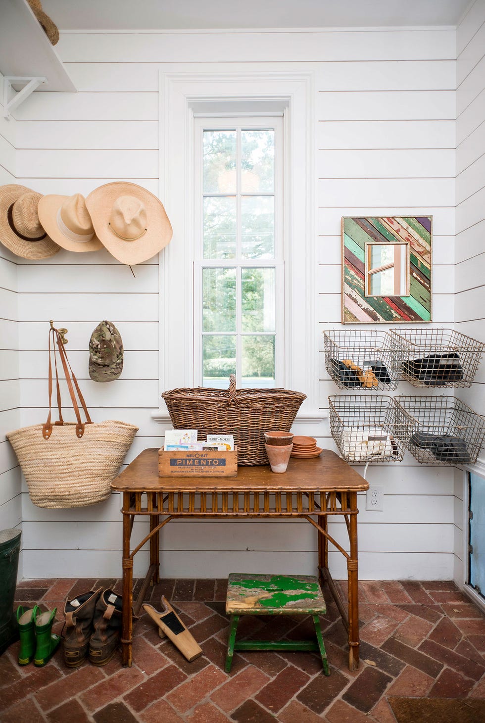 rustic mudroom with baskets