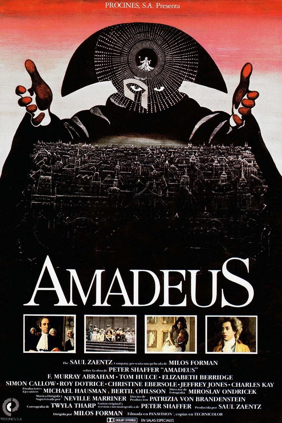 movie poster for amadeus featuring key characters and scenes