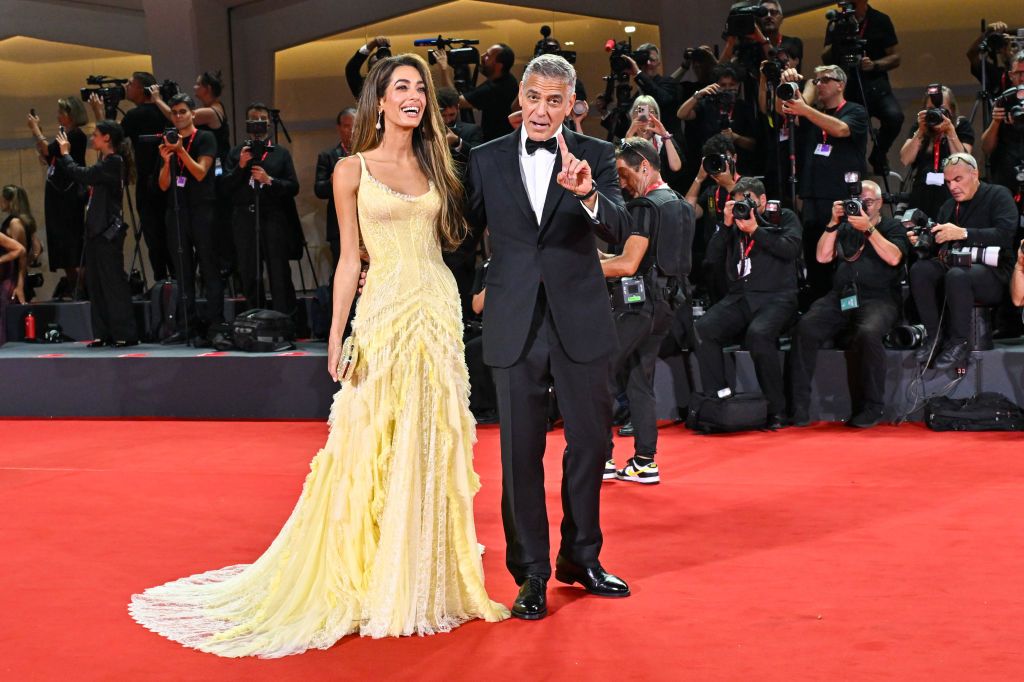 Amal Clooney Wears Butter Yellow Gown to George Clooney s Venice Film Festival Premiere