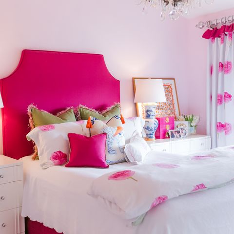 Bedroom, Decoration, Pink, Bed, Room, Furniture, Interior design, Bed sheet, Property, Product, 