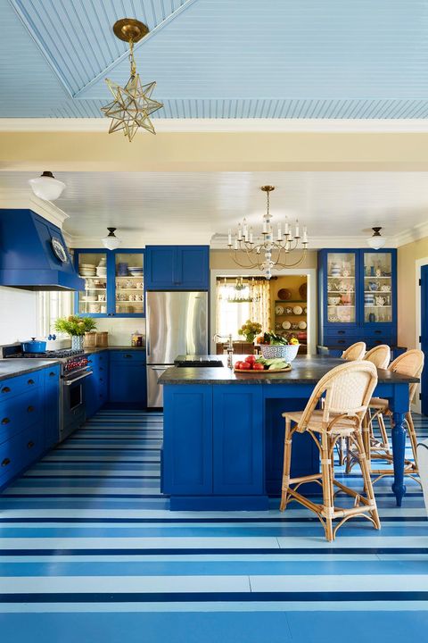 traditional kitchen with blue striped floor