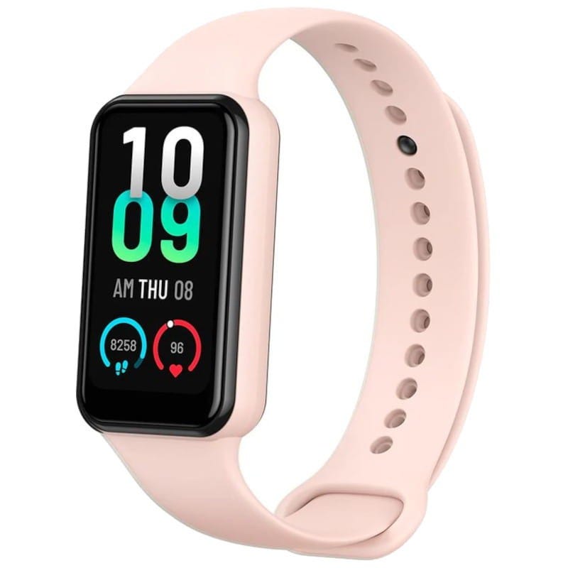 fitness tracker with touch screen display showing time and health metrics