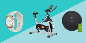 an apple smartwatch, a spin bike, and an irobot vacuum