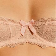 close up shot of woman breast in thin delicate lace bra