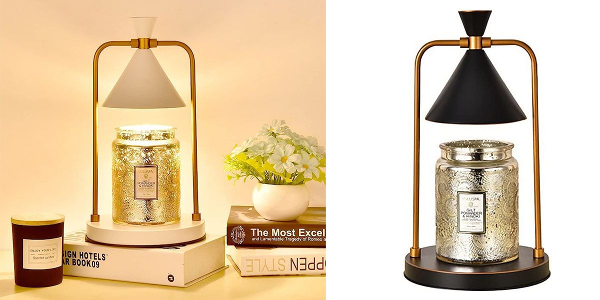 lamp style candle warmer in white and black with gold accents