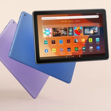 Amazon Fire HD 10 tablet (2023 edition) three 2023 edition amazon fire hd 10 tablets shown grouped together with two shown from the back and one shown from the front with the main home screen loaded on its display