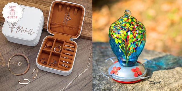 a personalized jewelry organizer and hummingbird feeder are two good housekeeping picks for best gifts for mom on amazon