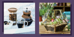 coffee maker, iphone charger, dopp kit, terrarium
