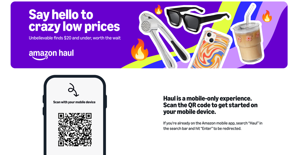 promotional graphic for amazon haul featuring a qr code and various product images