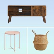 tv stand, candle, standing lamp, pouf, chair, basket, side table