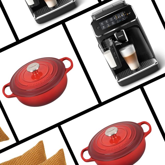 an assortment of amazon home items including a le creuset pan, pillows, and an espresso machine on sale for black friday 2021