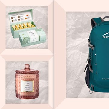 bread maker, tea set, backpack, candle, leather bookmark