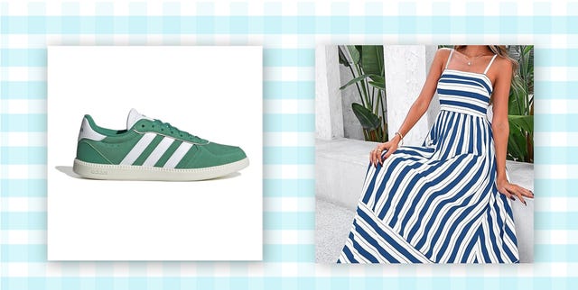green sneakers and a striped summer dress