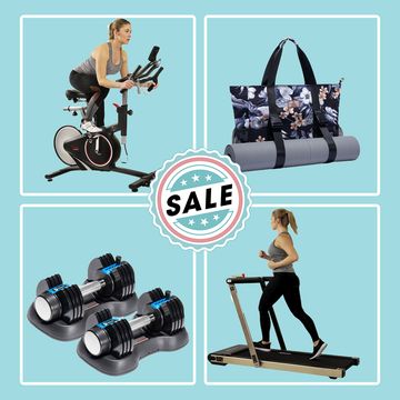 four amazon outlet fitness equipment deals in may in front of a blue background with a sale image in the center