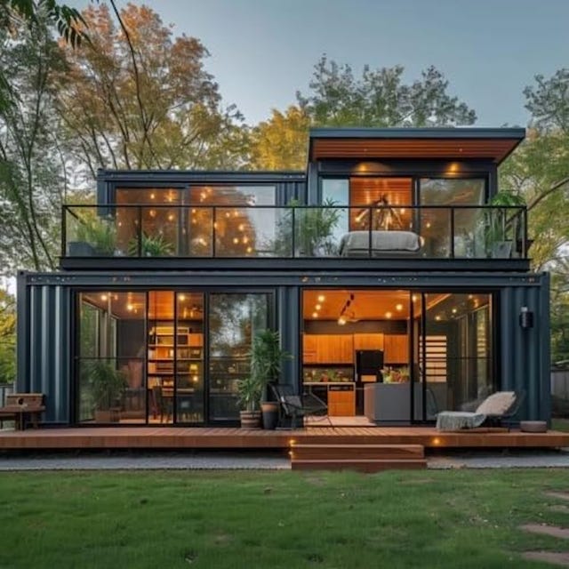 modern two story container house with large windows and a balcony