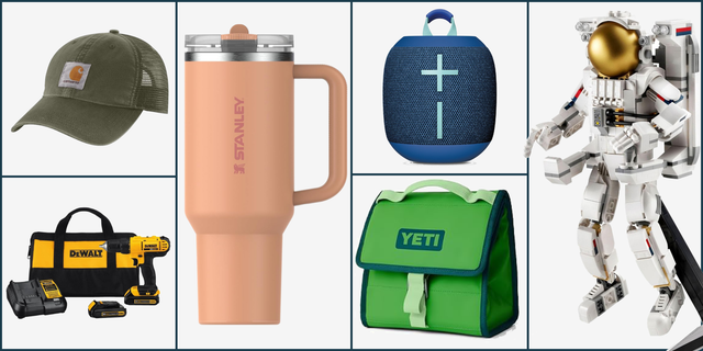 a hat, a drill, a cup, a speaker, a lunchbox, a lego astronaut