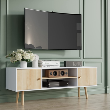 a white tv stand available on amazon with oak wood storage drawers