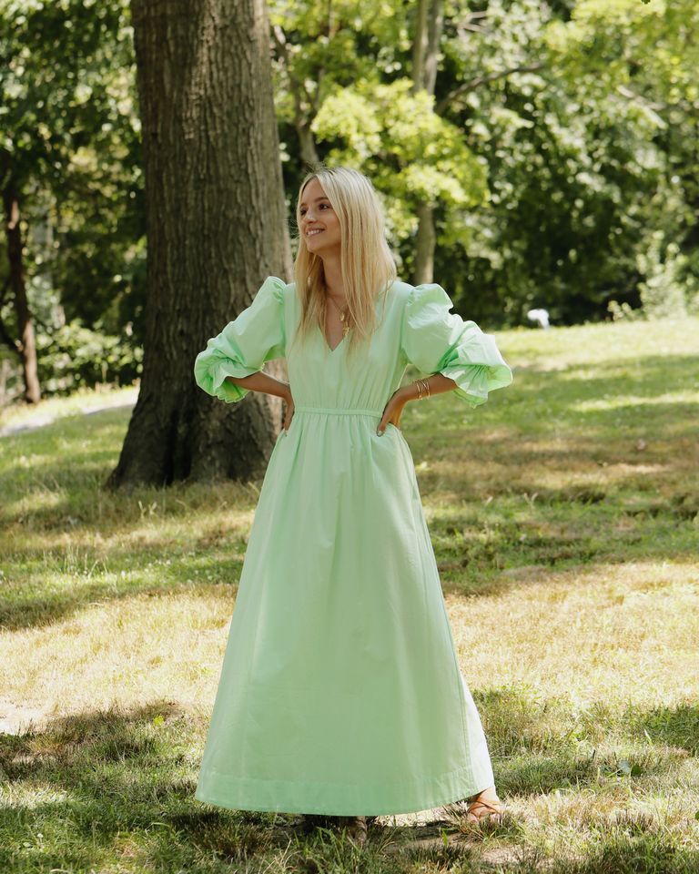 Green, Clothing, Photograph, Dress, Blond, Outerwear, Gown, Grass, Spring, Sleeve, 