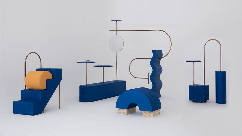 Blue, Product, Design, Furniture, Table, Room, Architecture, Art, Interior design, Sculpture, 