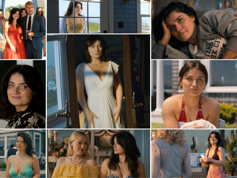 a collage of images of eve hewson as amelia sacks in netflix's the perfect couple