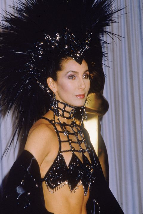 Cher in a black headdress at the Oscars