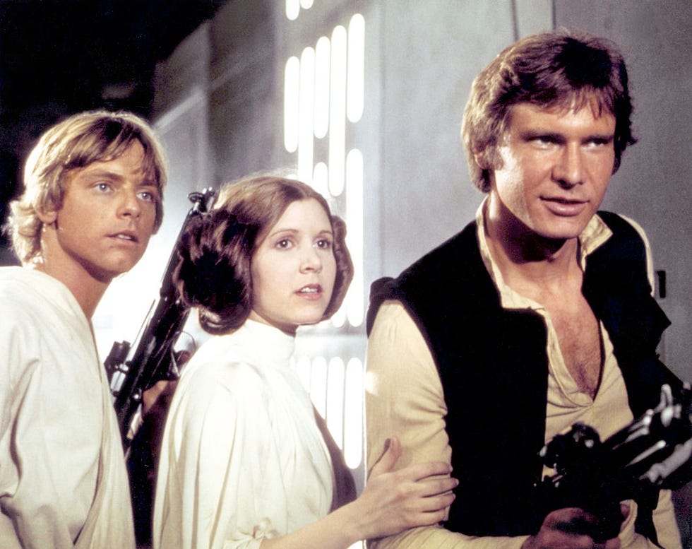 carrie fisher and harrison ford on the set of star wars, episode iv, a new hope
