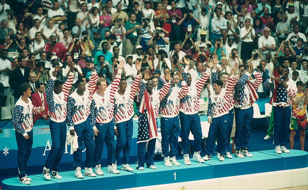 the team usa basketball dream team waves to the crowd on the olympic medal stand