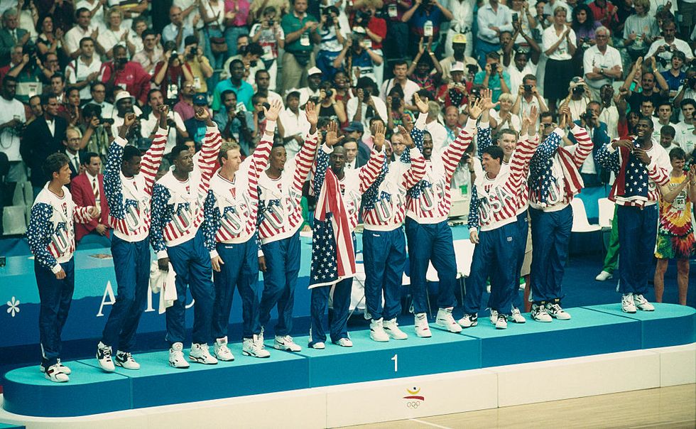 the team usa basketball dream team waves to the crowd on the olympic medal stand