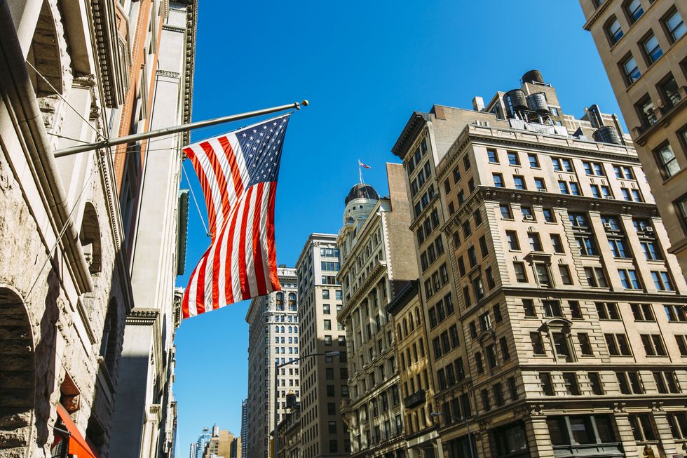 American Flag on a building at Fifth Avenue, Manhattan, New York City, United States