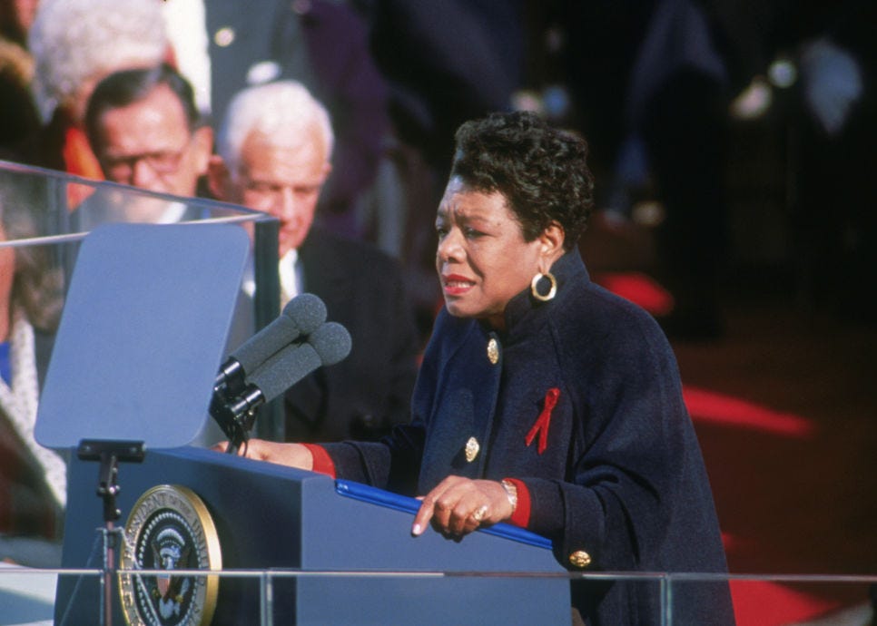 maya angelou reading a poem a a presidential podium while attendees look on
