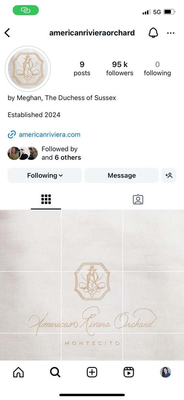 a screenshot of meghan markles new instagram account for her brand american riviera orchard