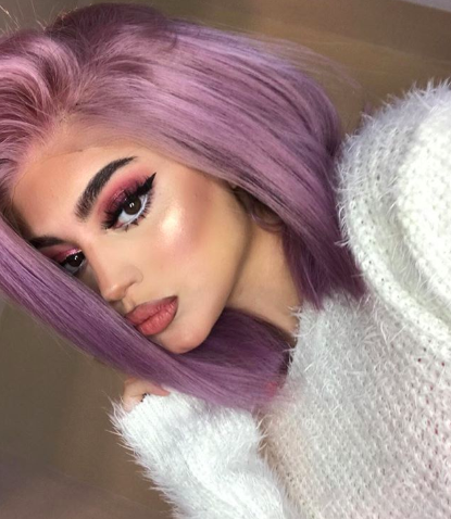 Hair, Face, Purple, Eyebrow, Hairstyle, Hair coloring, Lavender, Lip, Blond, Lilac, 