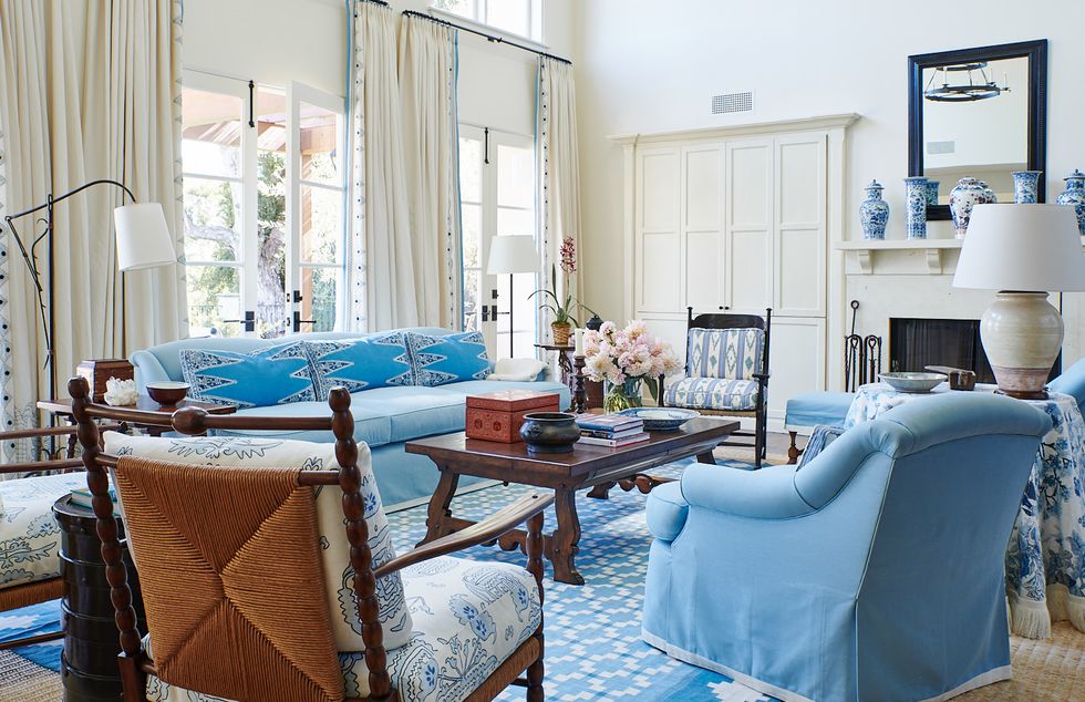 blue and white living room by interior designer mark  sikes